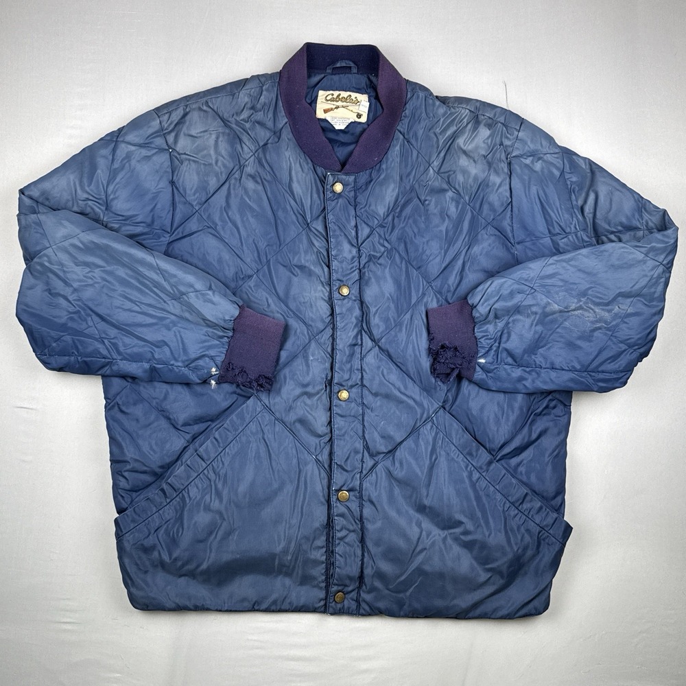 Vintage 80s Cabela's Goose Down Diamond Quilted Jacket Navy Faded Distressed 2XL